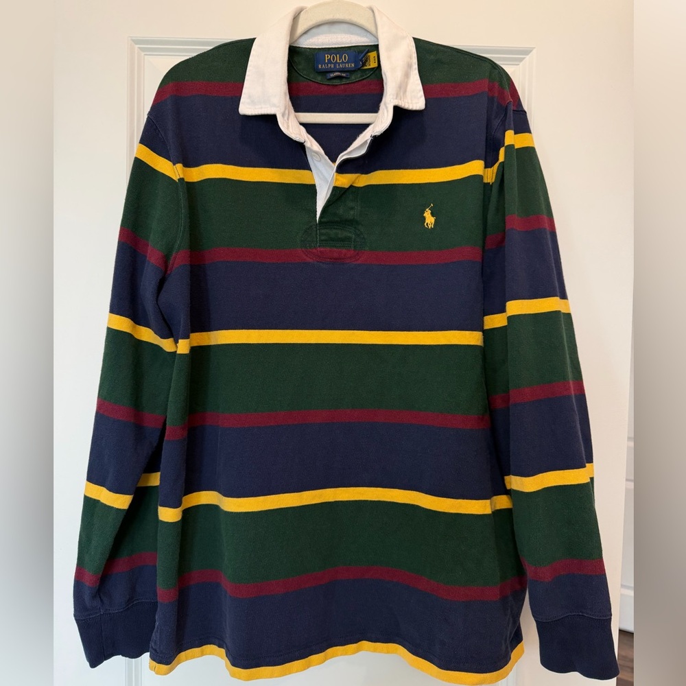Polo by Ralph Lauren Navy, Green, Yellow & Burgundy Striped Rugby Shirt